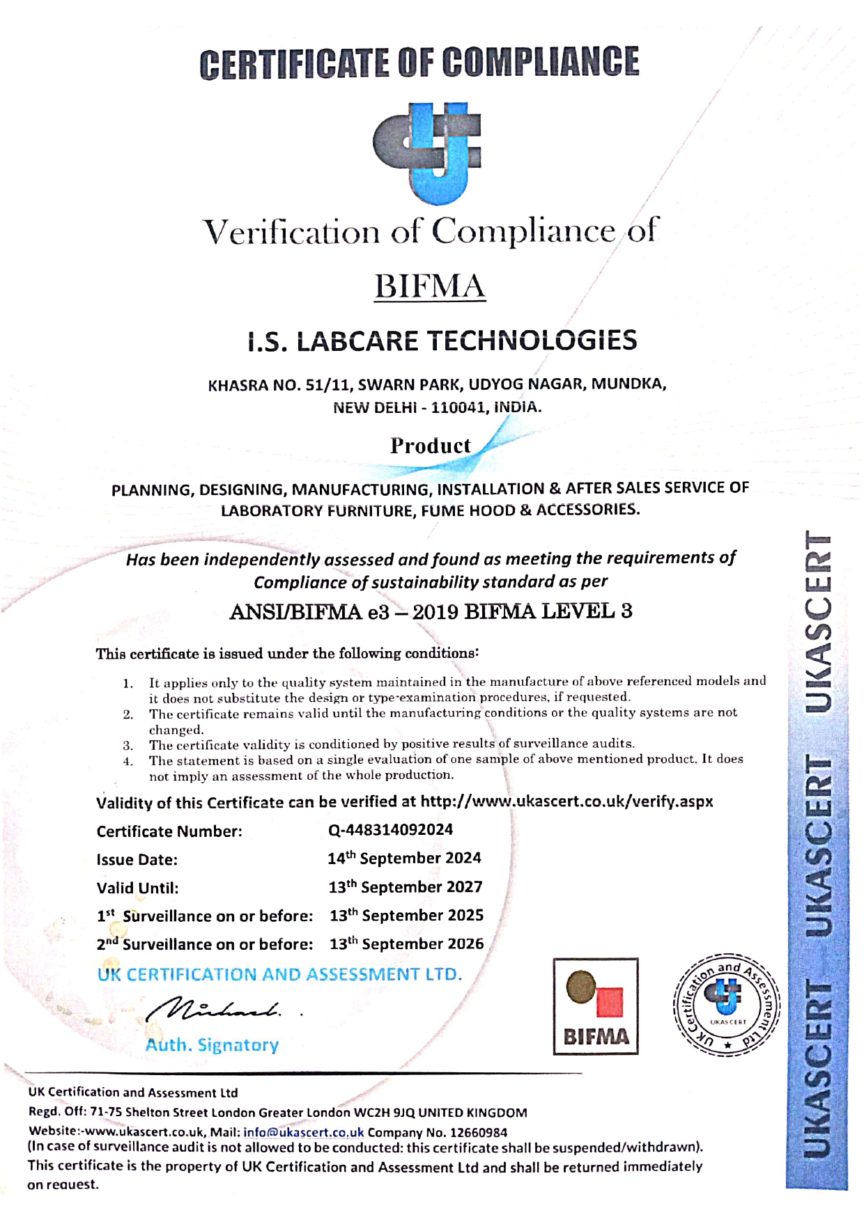 BIFMA Certificate of Compliance - I.S. LabCare Technologies
